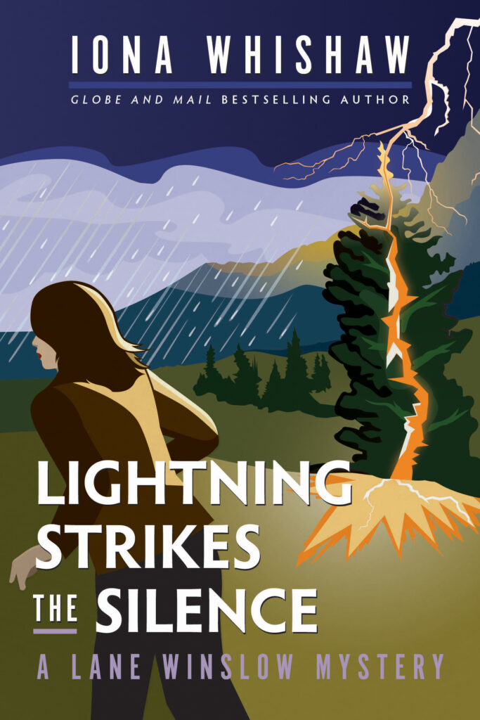 Cover image for the novel Lightning Strikes the Silence: A Lane Winslow Mystery. The artwork was made using Adobe Illustrator. The background has a sky with a gradient of colours including deep shady purple, lilac and teal blue, rain is falling from the sky over the distant mountains and in front of them a tall green pine tree is being struck by lightning. An explosion of yellow and orange is bursting through the base of the tree into the ground which is a field of deep green. To the left, Lane Winslow, a white woman with shoulder length brown hair is wearing a brown jacket and dark blue pants, she is mid-stride heading away from the lightning. The author’s name is across the top in a white tall sans serif font, in all-caps it reads “Iona Whishaw” and beneath in a much smaller white sans serif font, in small caps it reads “Globe and Mail bestselling author”, “Globe and Mail” is italicized. In the bottom third of the cover is the title, in all caps and a bold white sans serif font that is aligned to the left it reads, “Lightning Strikes the Silence” and beneath that in a tall sans serif lilac coloured font, in all-caps is the series name reading, “A Lane Winslow Mystery.” Cover illustration by Margaret Hanson.